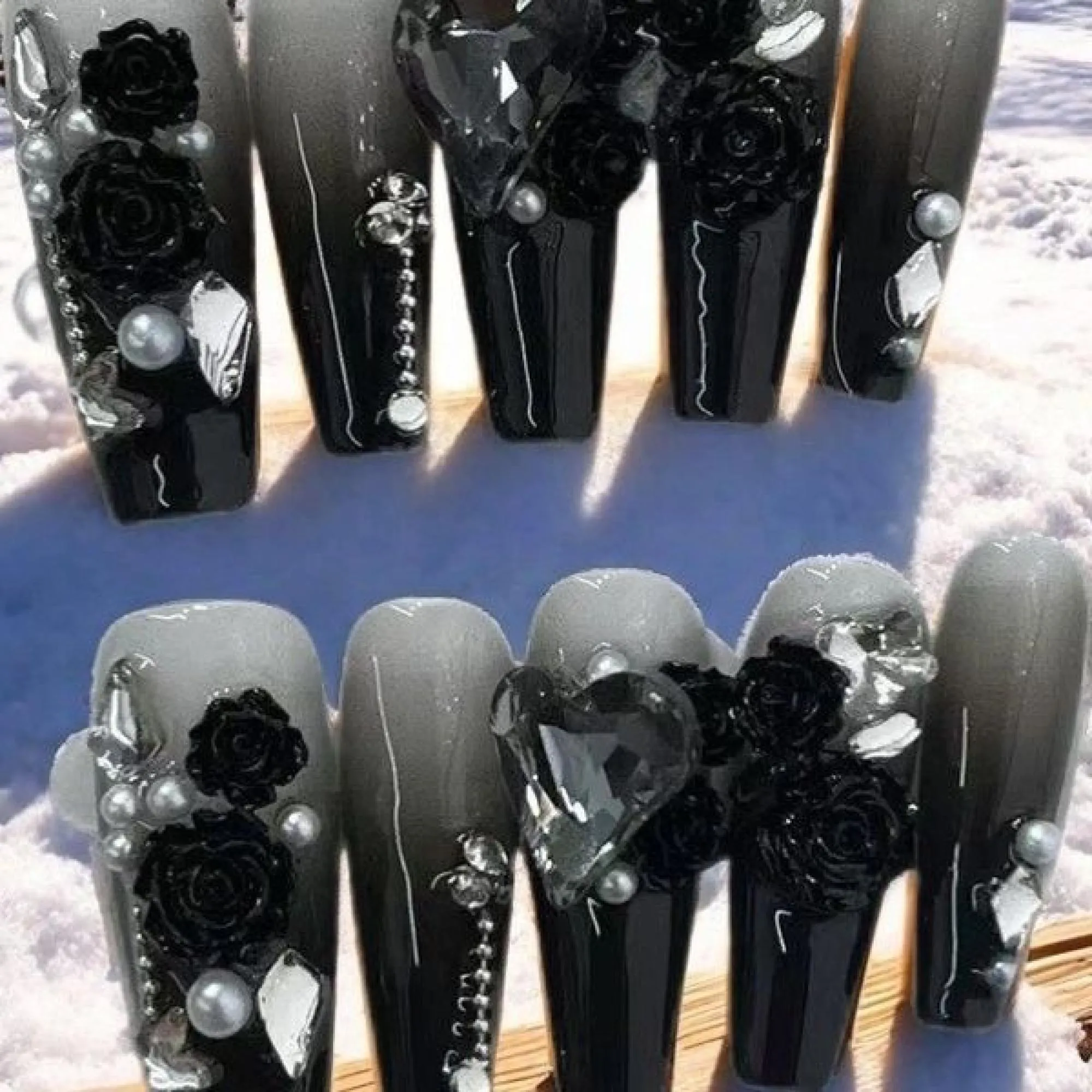 Black Gradient Long Stiletto Full Diamond Press-Ons