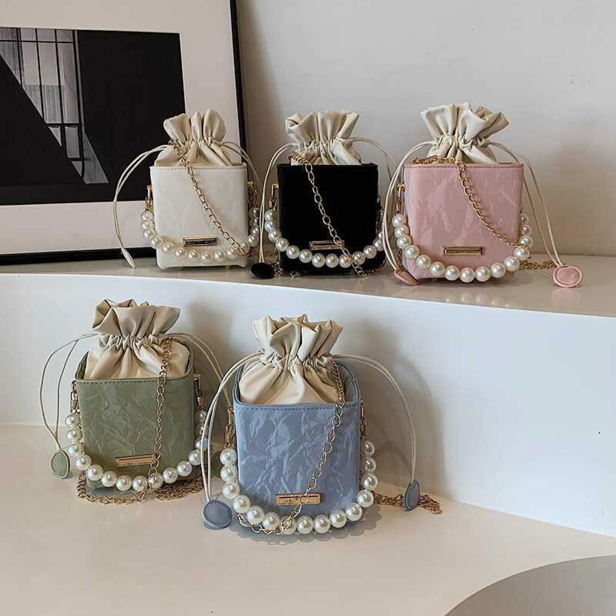 Chic Pearl Handle Mini Bucket Bag